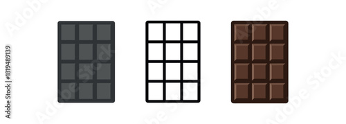 chocolate bar icons three chocolate rectangles with segment lines one flat solid monochrome one thin black outline black and white one full color flat icon dark brown