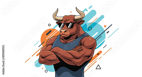 Illustration of a muscular bull with sunglasses and folded arms, standing in front of a colorful, geometric background.