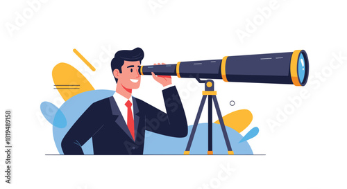 Businessman using a telescope to look into the future, a symbol of foresight, leadership, and strategic planning in business, vision, and success.