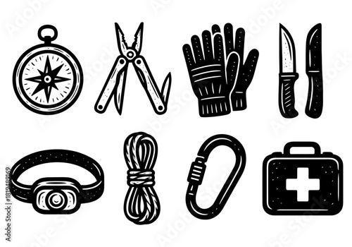 Essential camping and survival gear icons for outdoor adventure enthusiasts
