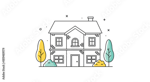 Charming two-story house with a chimney and simple landscaping in a clean, minimalist line art style suitable for various design applications.