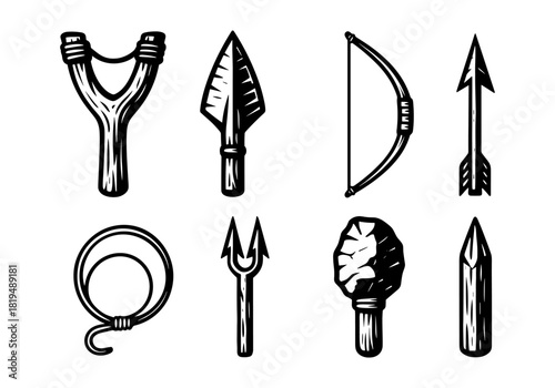 Retro woodcut style primitive weapons set featuring arrows and slingshot