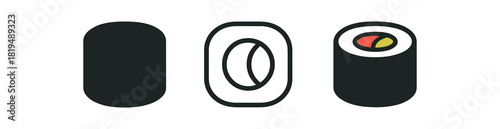 japanese sushi icons three maki sushi roll icons one flat solid monochrome one thin black outline black and white one full color flat icon white rice black nori and bright filling