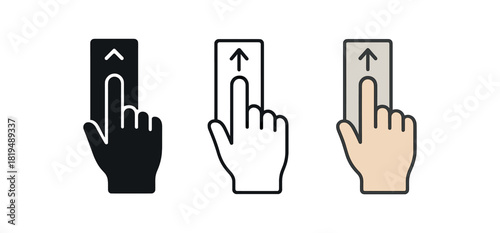 scroll icons three hand icons sliding over tall rectangle with tiny arrows up and down one flat solid monochrome one thin black outline black and white one full color flat icon ui neutral