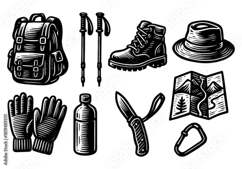 Vintage hiking equipment set featuring backpack, boots, and map