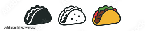 mexican taco icons three taco icons with meat and veggie shapes one flat solid monochrome one thin black outline black and white one full color flat icon green and red