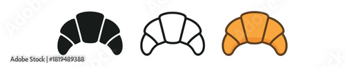 french croissant icons three croissant silhouettes one flat solid monochrome one thin black outline black and white one full color flat icon golden pastry tones