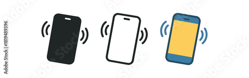 shake gesture icons three phone silhouettes with small vibration lines one flat solid monochrome one thin black outline black and white one full color flat icon blue and