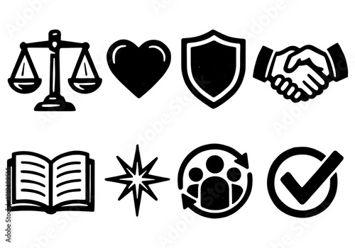 Set of black law and business symbols: justice, partnership, and security icons