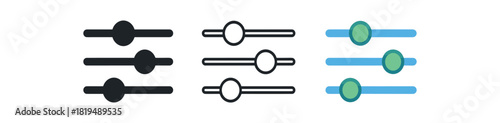 slider control icons three horizontal slider bar icons with round knob different positions one flat solid monochrome one thin black outline black and white one full color flat icon blue and