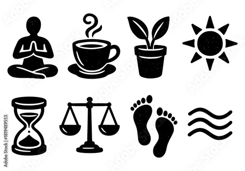 Mindfulness and balance icons: yoga, meditation, wellness, and nature