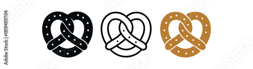 german pretzel icons three twisted pretzel silhouettes with salt dots one flat solid monochrome one thin black outline black and white one full color flat icon dark golden brown