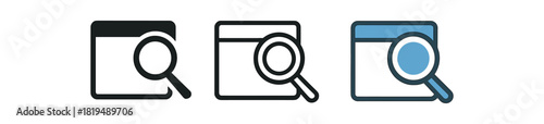 lens icons three magnifier icons over screen corner one flat solid monochrome one thin black outline black and white one full color flat icon blue and white