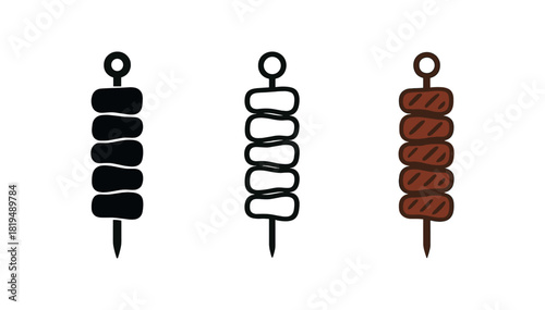 brazilian churrasco icons three skewer silhouettes with stacked meat slices one flat solid monochrome one thin black outline black and white one full color flat icon grilled red brown