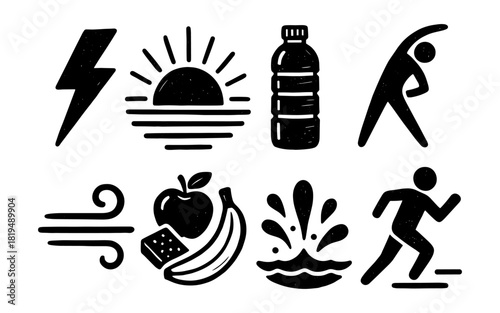 Health and fitness icons: exercise, nutrition, and lifestyle elements in bold style
