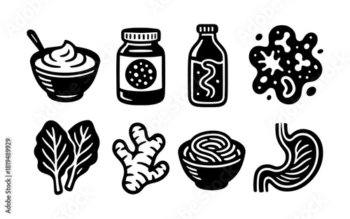 Probiotic foods and ingredients icons set for gut health and nutrition