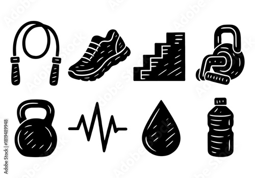 Fitness and exercise equipment icons in bold black style