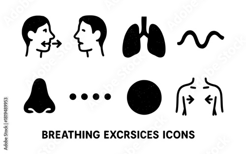 Breathing exercise icons with simple black symbols for health and wellness
