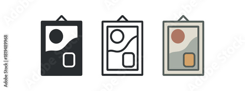 art frame icons three grouped picture frame icons with abstract shapes inside one flat solid monochrome one thin black outline black and white one full color flat icon modern muted palette