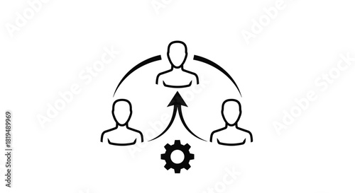 Illustration of teamwork and collaboration with a central figure being supported by others and a gear symbolizing process.