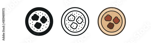 ethiopian injera platter icons three round platters with flatbread and small stew blobs one flat solid monochrome one thin black outline black and white one full color flat icon beige red