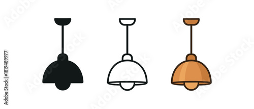 pendant light icons three hanging ceiling lamp icons with different simple shapes one flat solid monochrome one thin black outline black and white one full color flat icon warm metal tones
