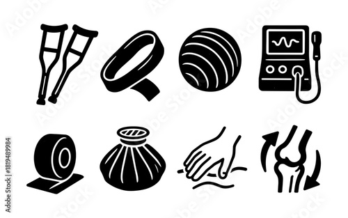 Collection of physical therapy equipment icons in monochrome style
