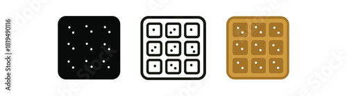 belgian waffle icons three waffle silhouettes with sugar dots one flat solid monochrome one thin black outline black and white one full color flat icon golden brown
