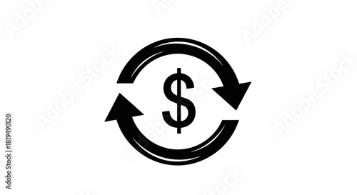Black dollar sign icon surrounded by two circular arrows symbolizing money exchange, transaction, or financial cycle on a white background.