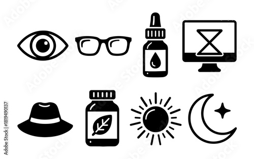 Minimalist icon set: vision, time, nature, and technology symbols