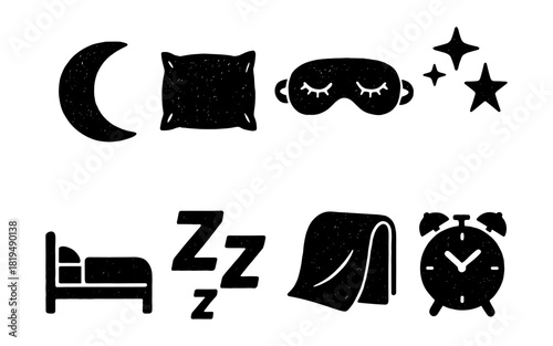 Sleep icons set: bed, moon, pillow, mask, stars, zzz, blanket, alarm clock in grunge style
