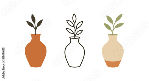 decorative vase icons three vases with simple branches or leaves one flat solid monochrome one thin black outline black and white one full color flat icon soft ceramic tones