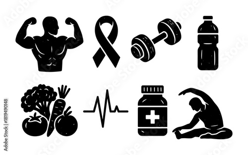 Health and fitness icons: bodybuilding, nutrition, exercise, and wellness symbols