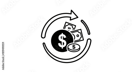 Money circulation icon with dollar sign, bills and coin.