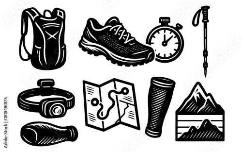 Outdoor adventure gear in vintage style featuring camping and hiking essentials