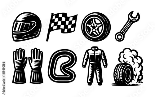 Racing elements: helmet, flag, tire, wrench, gloves, track, suit, smoke