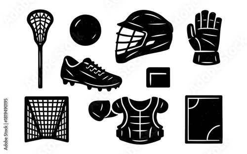 Lacrosse equipment set in black silhouette style on white background