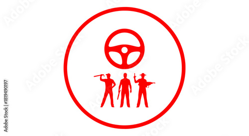 Red icon depicting a steering wheel above three human figures holding a spear, torch, and rifle, symbolizing evolution or control.