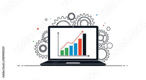 Laptop displaying a bar graph with gears in the background, symbolizing business analytics and technological progress.