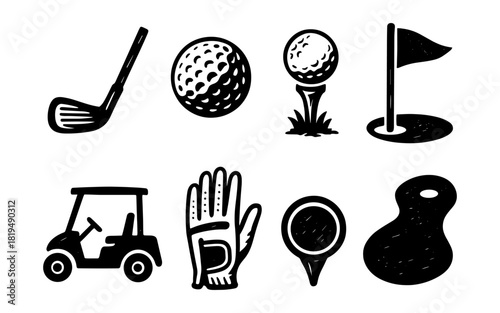 Golf equipment icons: retro style set featuring club, ball, cart, and more
