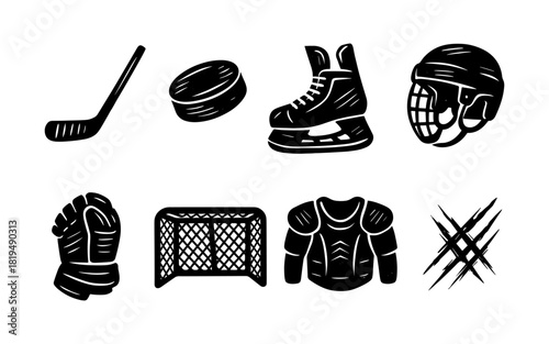 Hockey gear set: skates, stick, puck, helmet, gloves, goal, armor