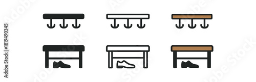 entryway bench icons three simple bench icons with shoes underneath and hooks above one flat solid monochrome one thin black outline black and white one full color flat icon wood and black