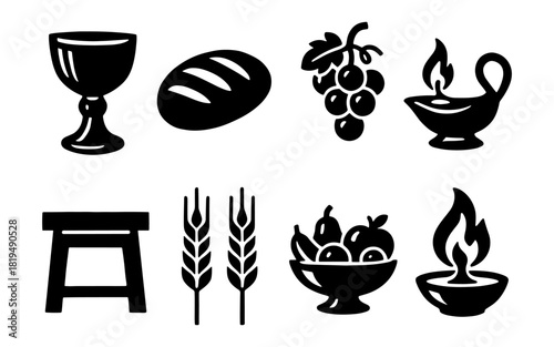 Set of sacramental icons in bold silhouette style featuring religious symbols and elements