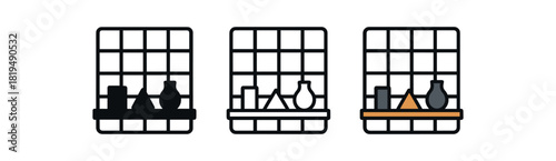 shelf grid icons three metal grid shelf icons with small decor shapes one flat solid monochrome one thin black outline black and white one full color flat icon black and wood