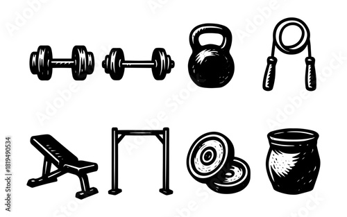 Hand-drawn fitness equipment set with dumbbells, kettlebell, and jump rope