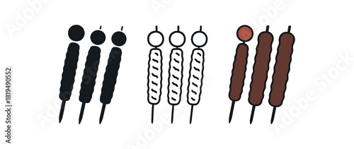 iranian kebab icons three skewers with long minced meat shapes and tomato round one flat solid monochrome one thin black outline black and white one full color flat icon grilled brown and