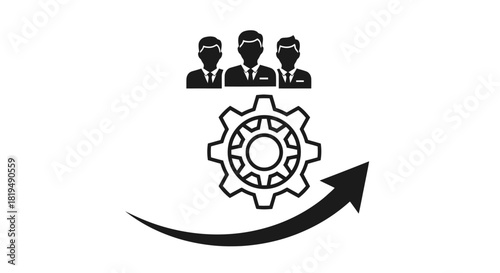 Illustration of a team of professionals working together to drive progress and efficiency with a gear mechanism and an upward-trending arrow.