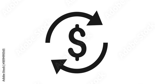 Black dollar sign icon surrounded by circular refresh arrows on a white background, symbolizing financial exchange, currency conversion, and business transactions.