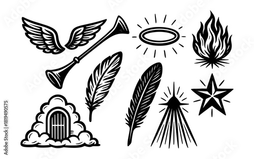 Sacred symbols set with wings, halo, feathers, and divine elements in black line art