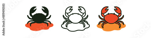 singaporean chili crab icons three crab silhouettes on sauce puddle one flat solid monochrome one thin black outline black and white one full color flat icon red and orange